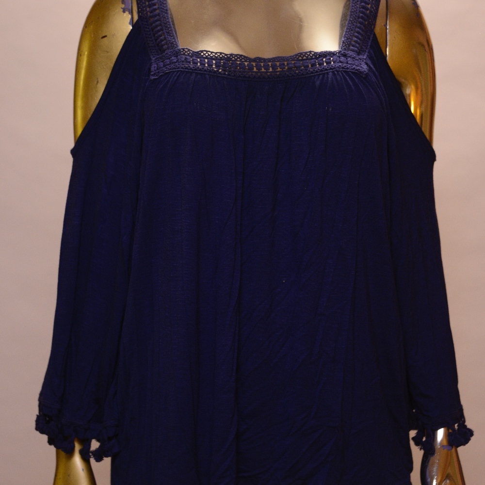 Dark blue top with cut-out shoulders, bell sleeves